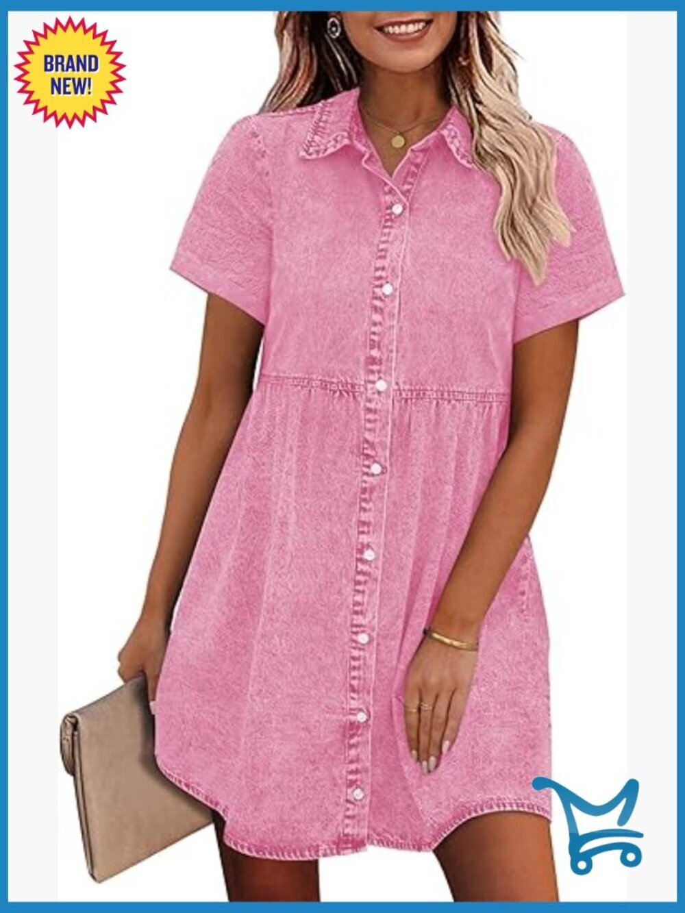 Short Sleeve Babydoll Tiered Button Down Denim Dress Women Swing